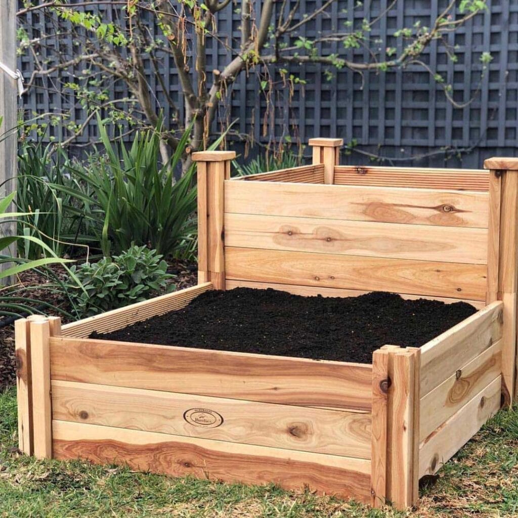 Raised timber garden beds filled with dirt in a garden