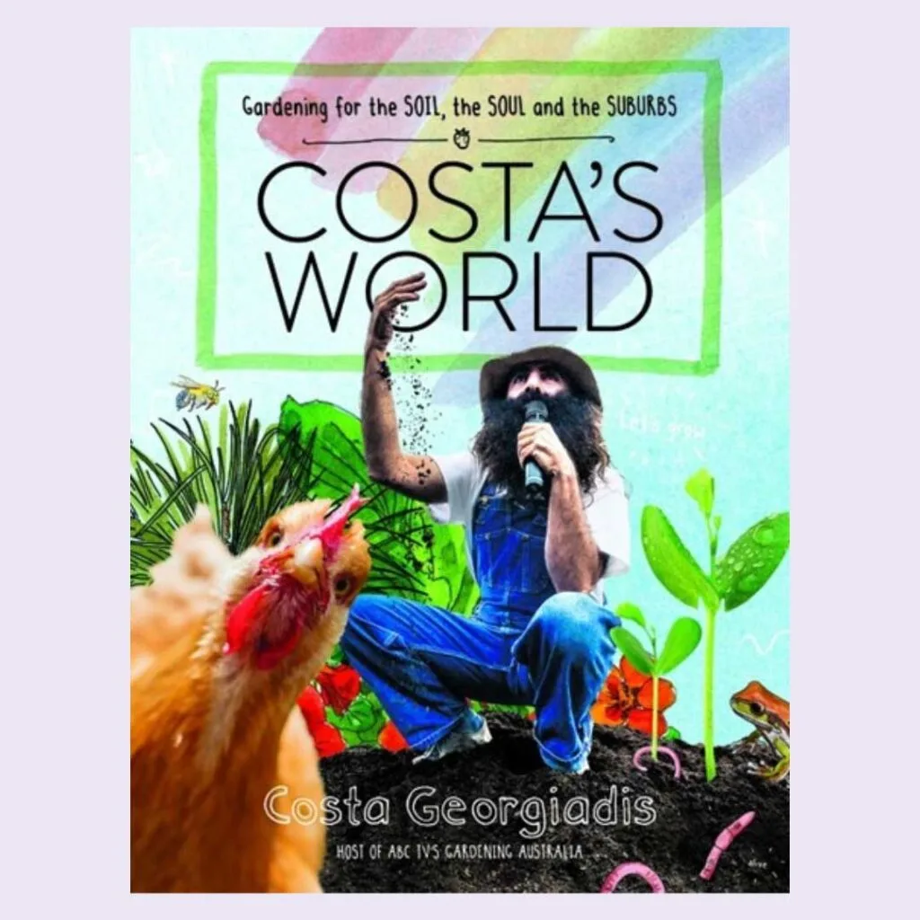 Costa's World Book featuring Costa in the garden and a brown chicken on the cover.