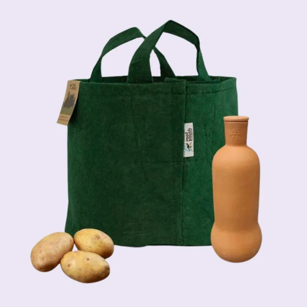 Potato grow kit that includes a green bag, terracotta water jug and potatoes.