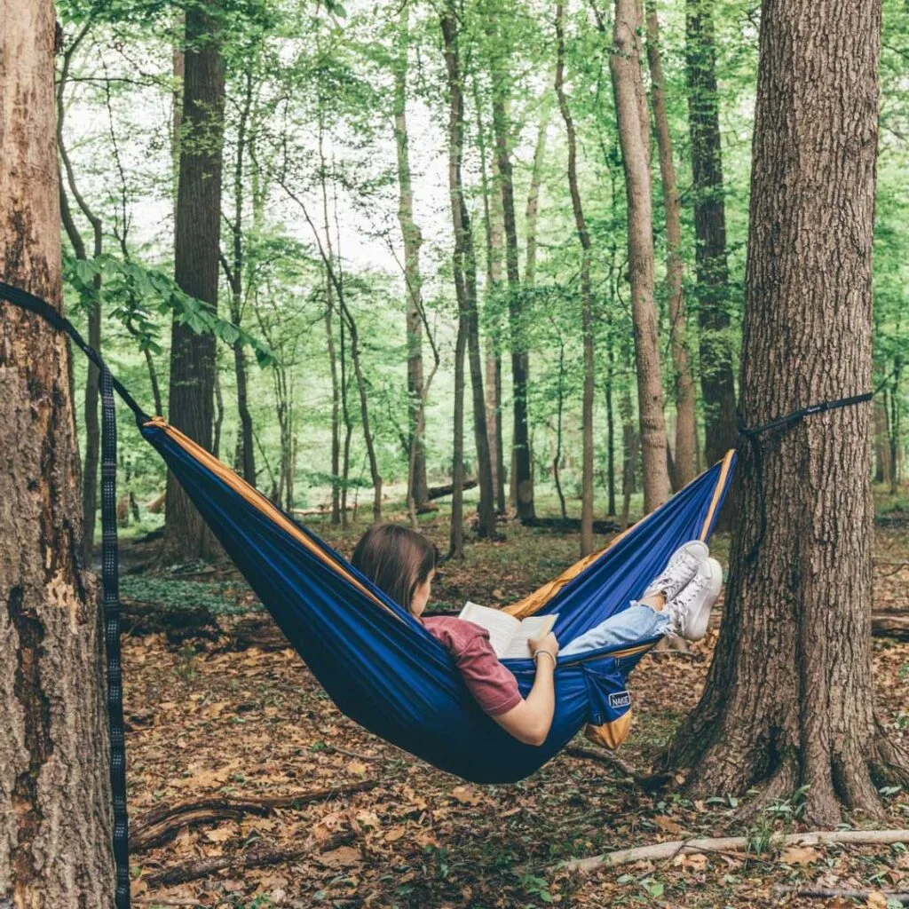 Hammock strung between trees in the garden with a person laying in it reading a book.