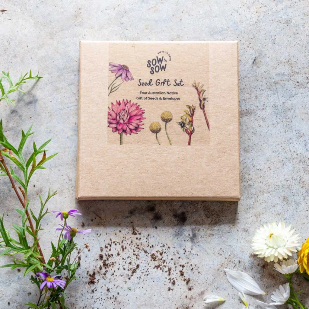 A kraft coloured gift box featuring Australian native flowers on a metal background.